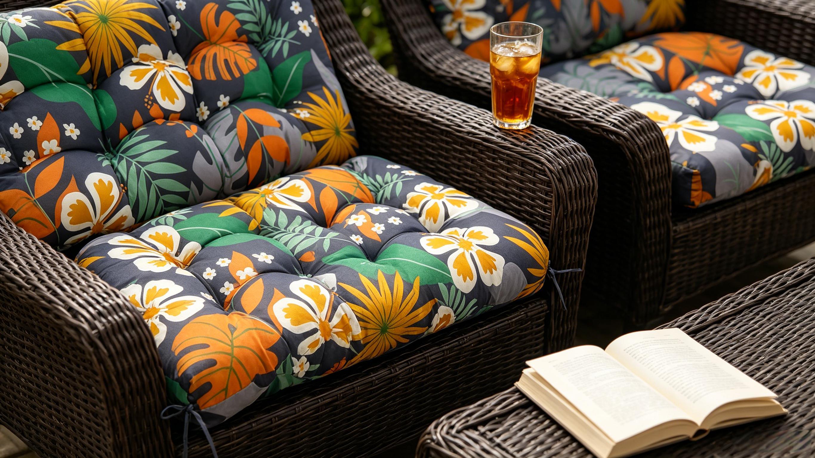 Waterproof loveseat cushion set with dark navy tropical floral cushion covers