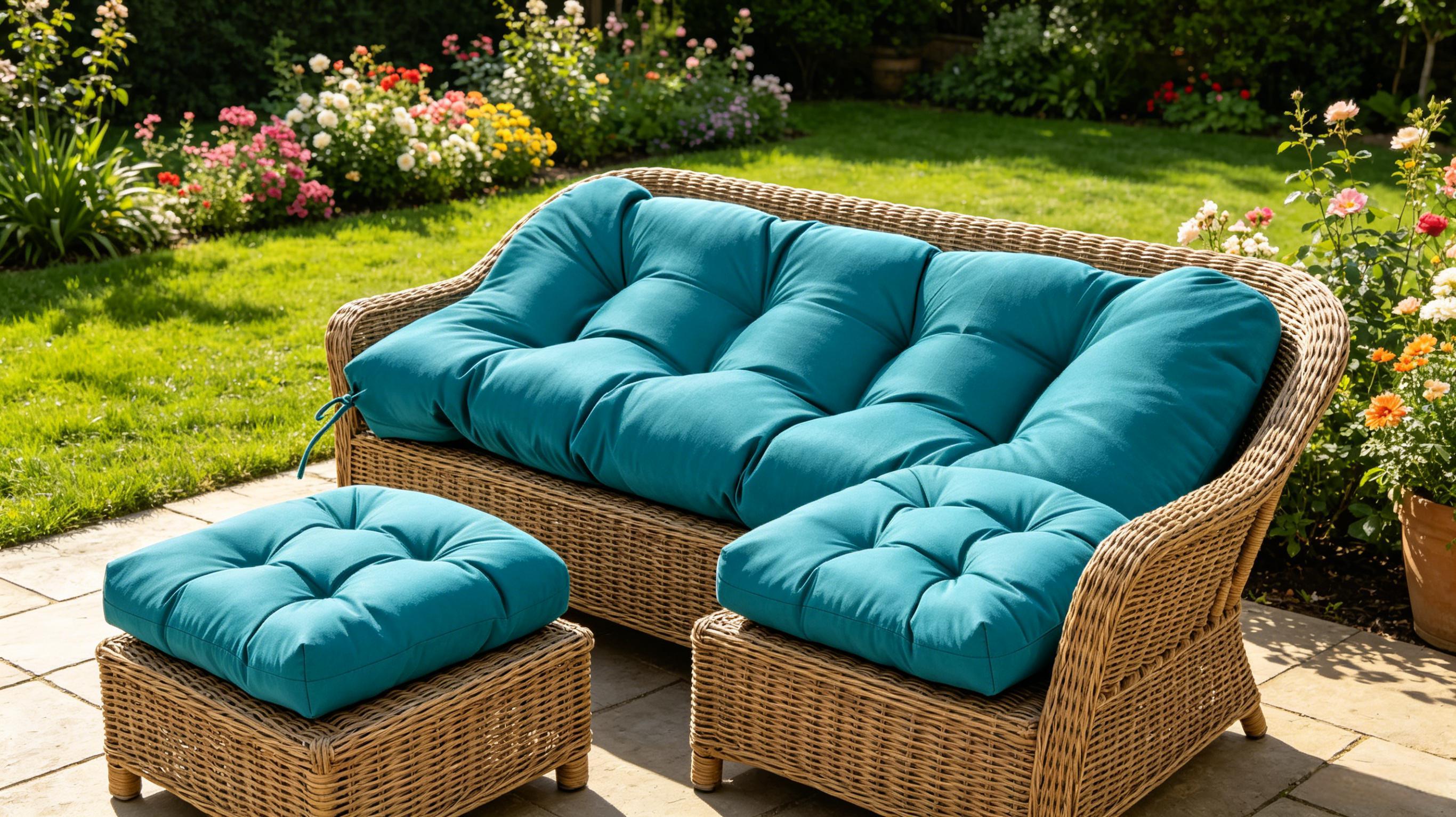 Waterproof loveseat cushion set with teal quilted seat and back cushions