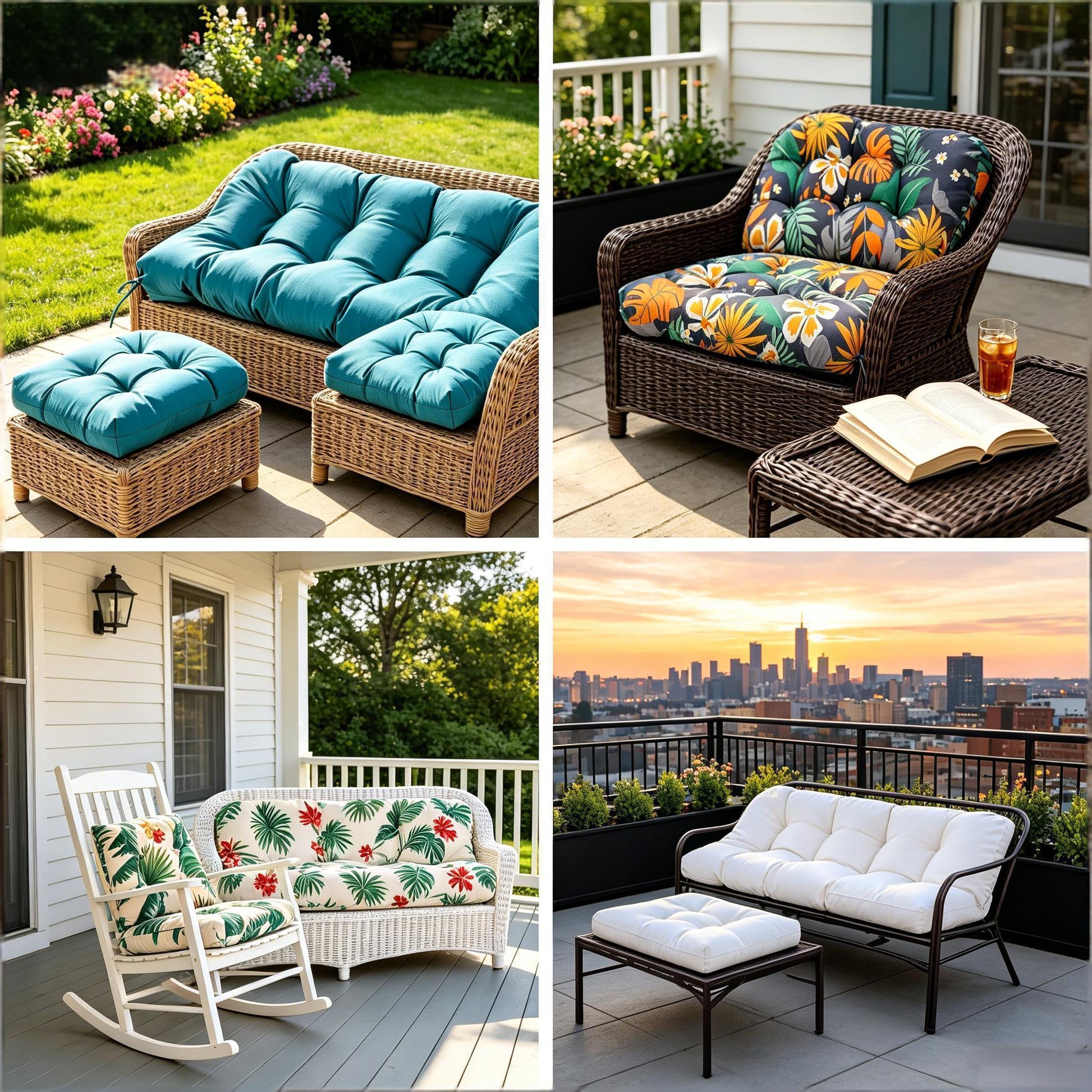 Patio loveseat cushion set collage with teal, tropical print, red leaf, and white cushions