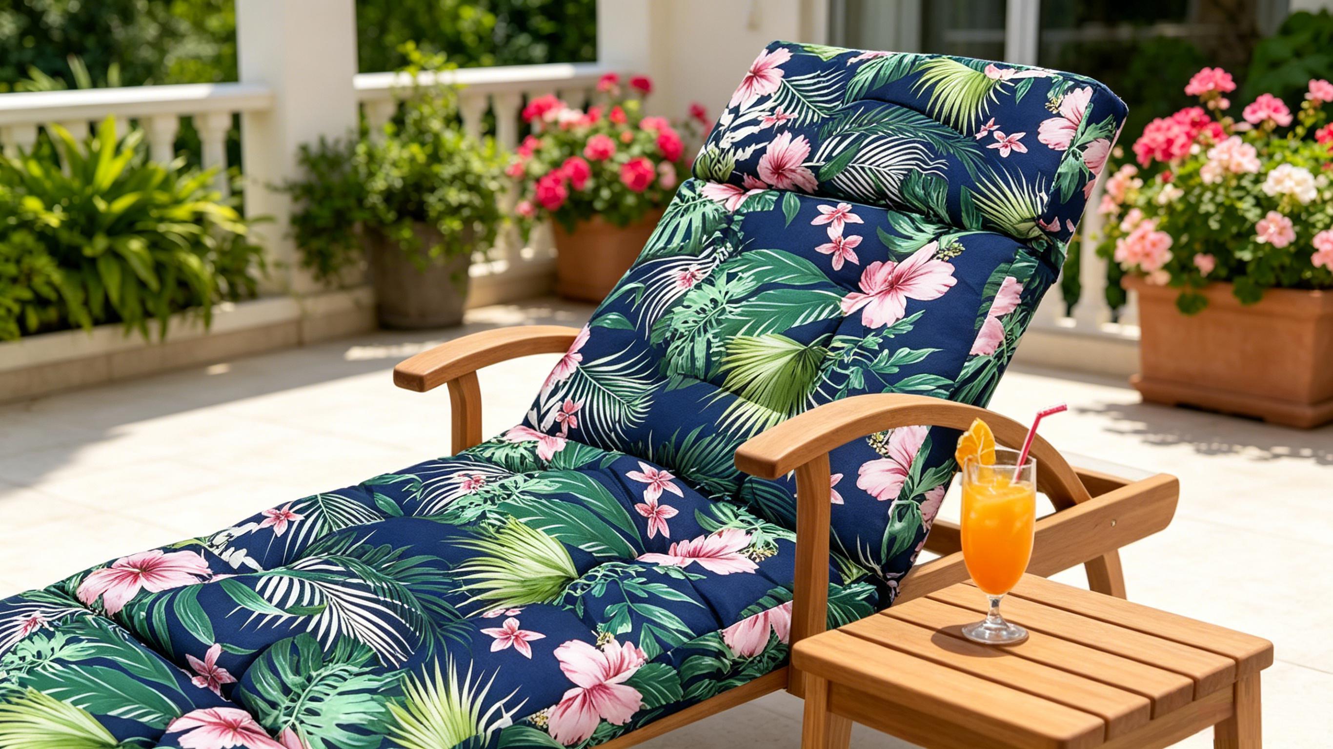 Green and navy tropical patio lounge cushion with pink flowers, thick padded seat