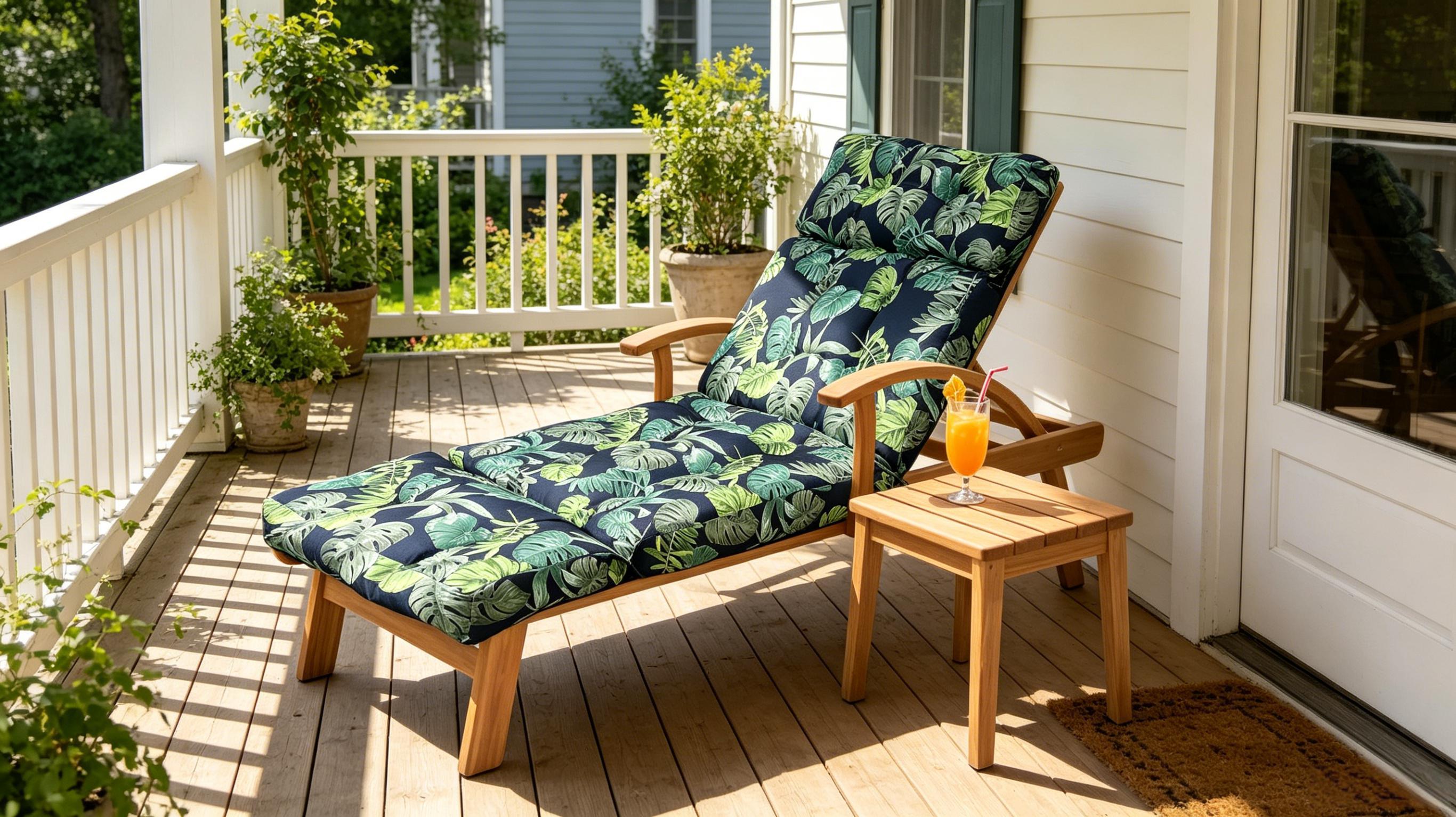 Dark navy tropical patio lounge cushion with green and yellow leaf pattern, thick padded seat