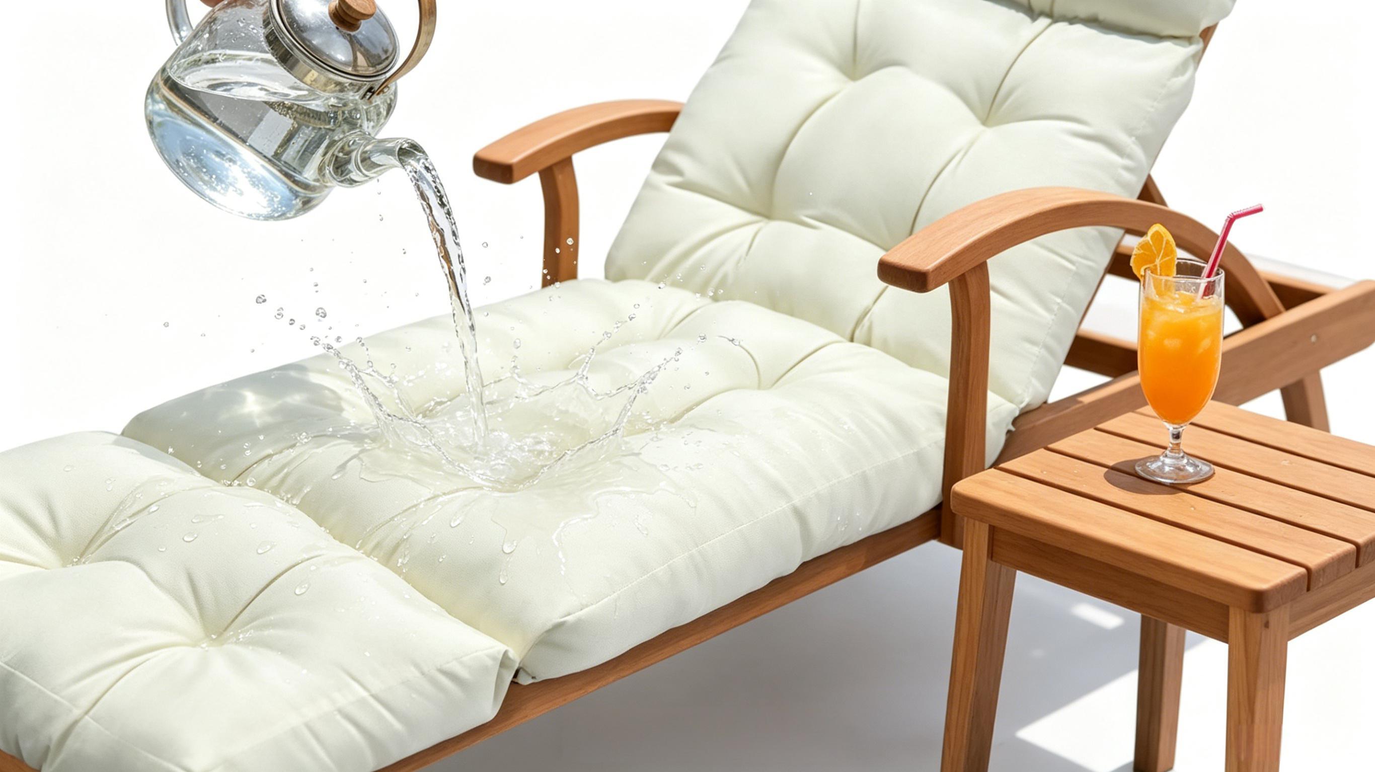 Cream patio lounge cushion with tufted, quilted padding, thick seat and backrest