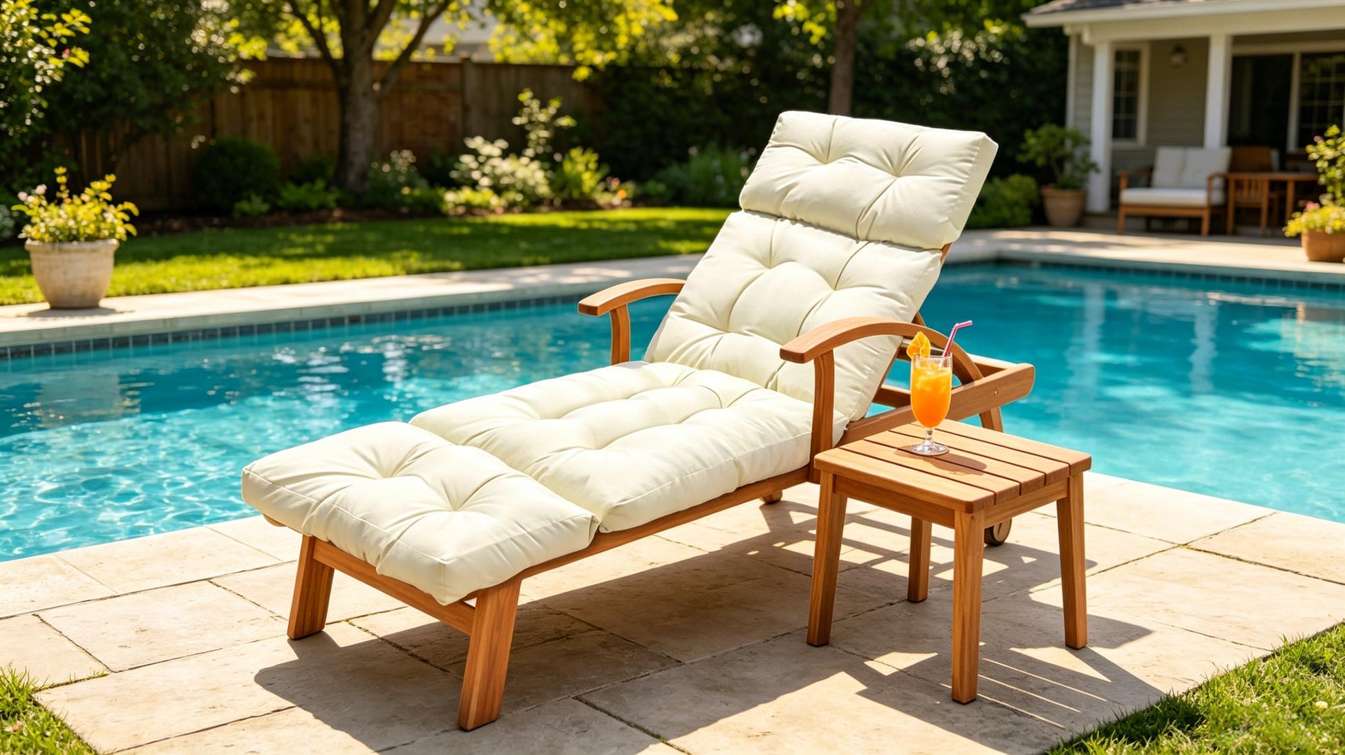 Cream patio lounge cushion with head pillow, thick padded seat and backrest