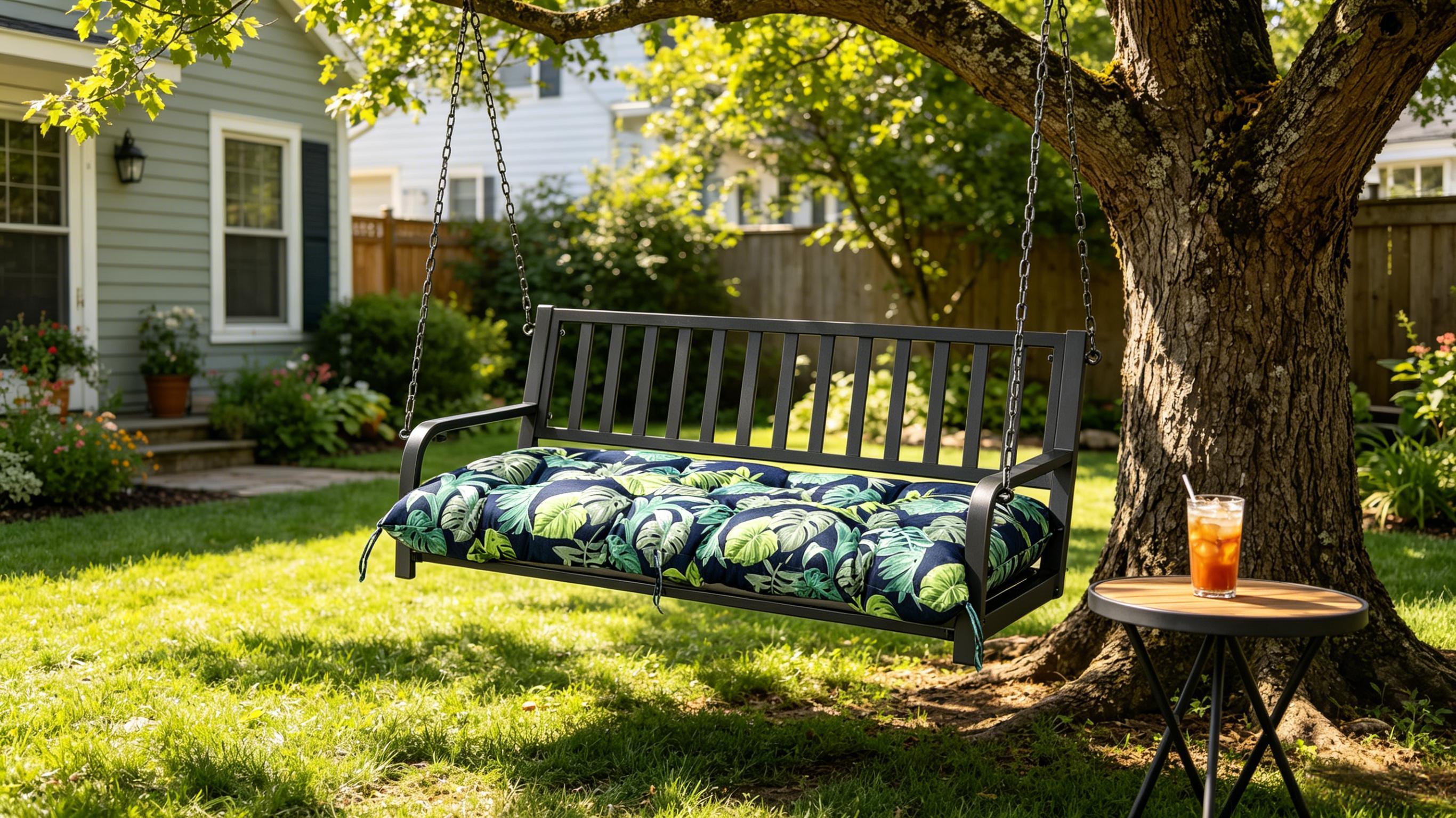 Outdoor Porch Swing Bench Cushion | 3-Seater Weather Resistant Patio Swing Seat Replacement Pad with Secure Tie Strings, Multiple Prints & Solid Colors for Garden Yard Hanging Swing Chair