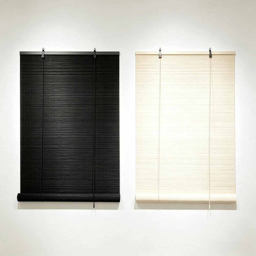 Bamboo roller shade set in dark and light woven fabric, mounted with brackets