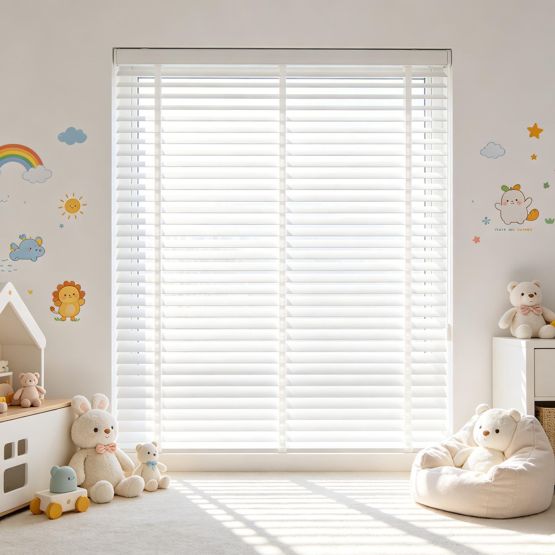 White mini blinds fully closed with horizontal slats across the window
