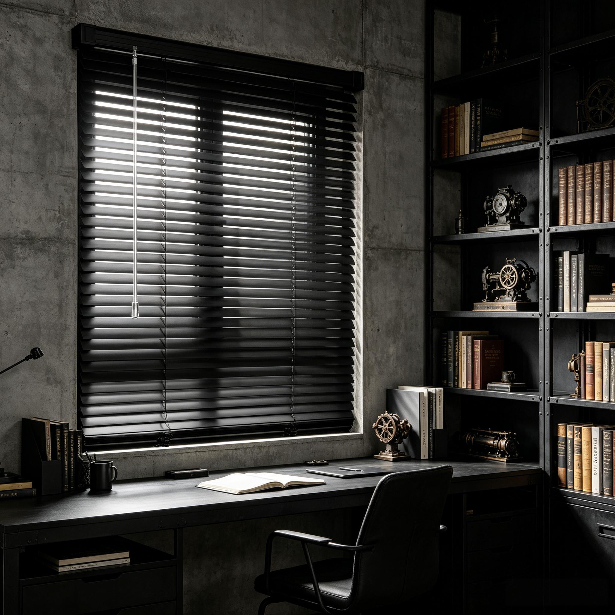 Black Vinyl Mini Blinds, Cordless Design for Home Windows
