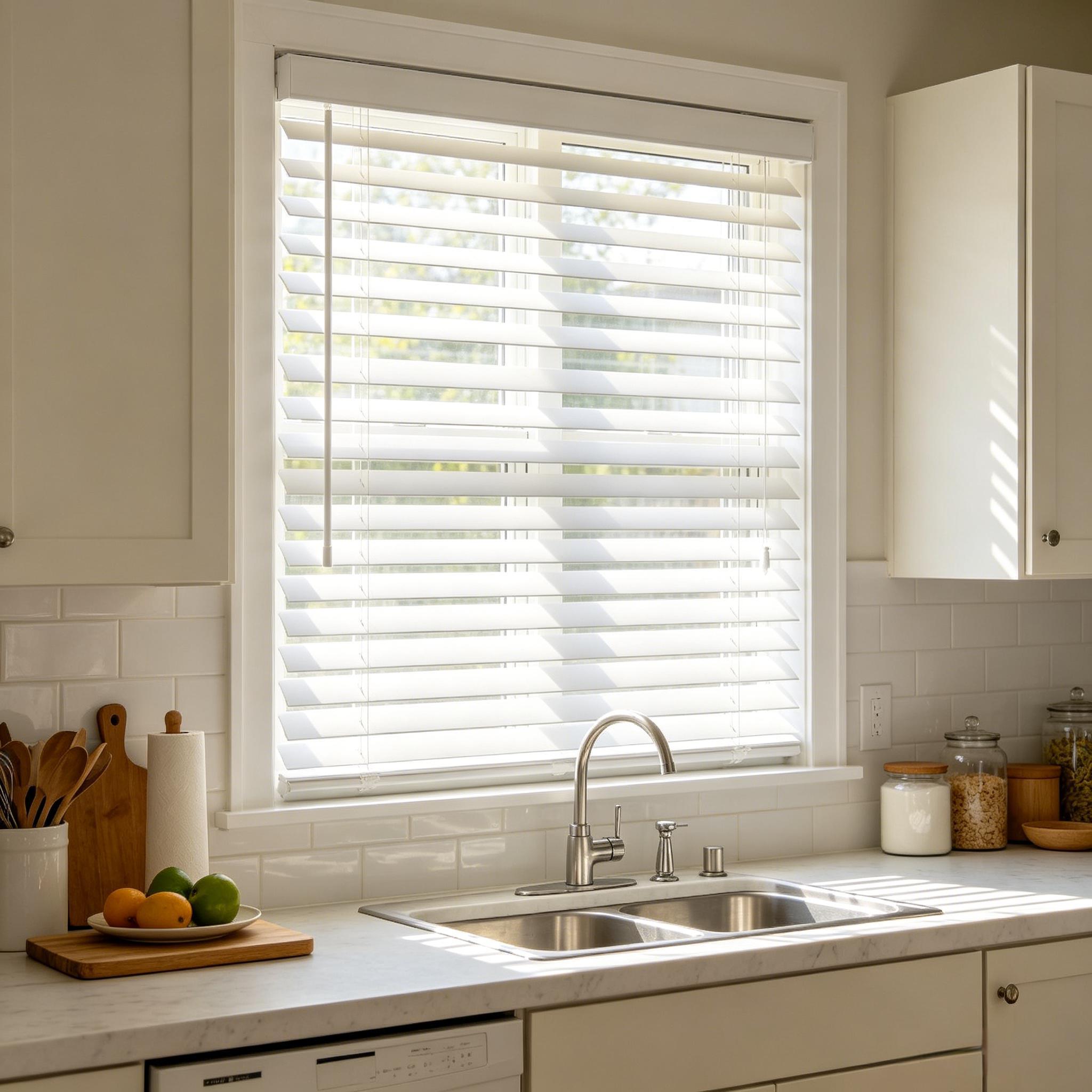 White mini blinds installed on a window with horizontal slats