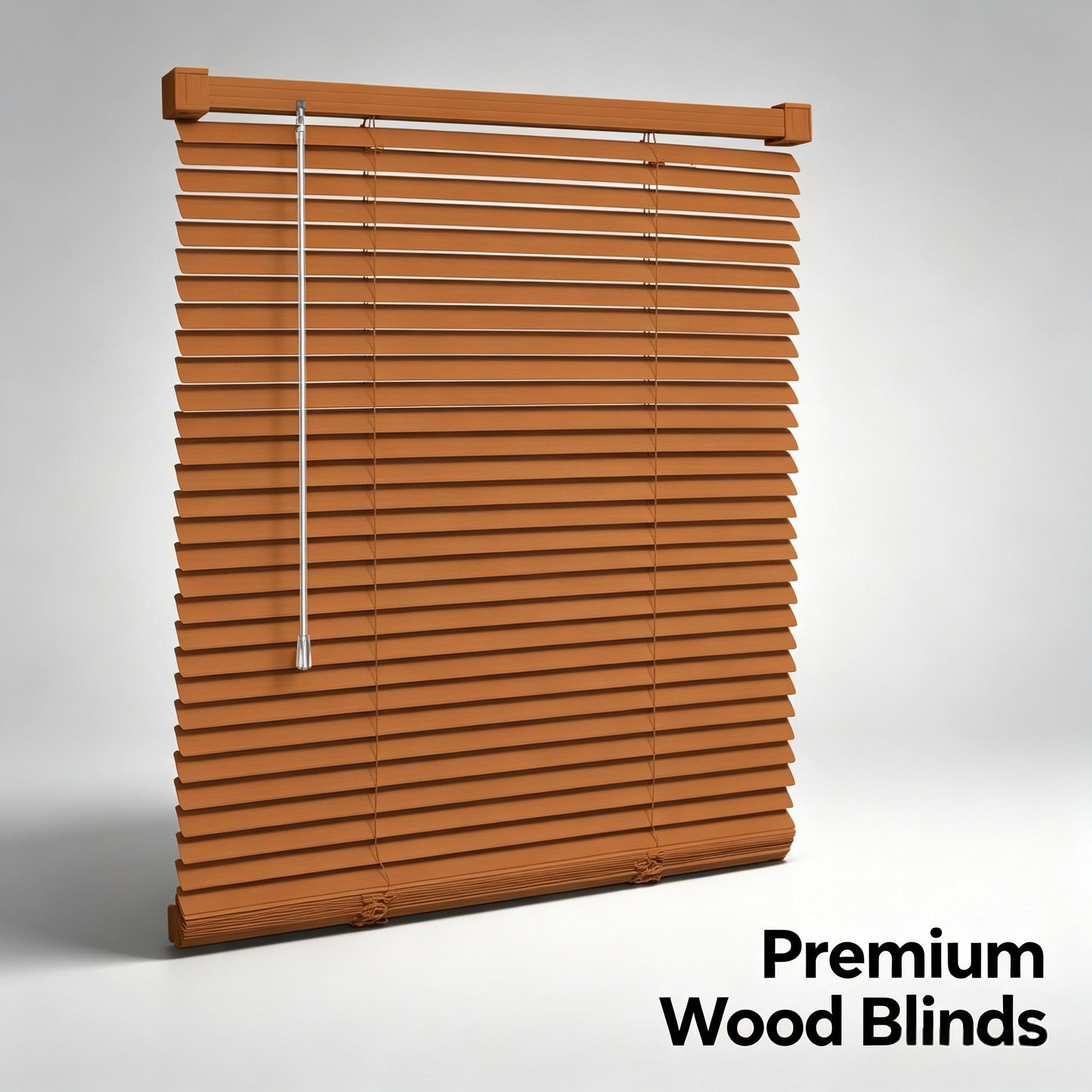 Brown PVC mini blind with horizontal slats and wand-lift cord, standalone view