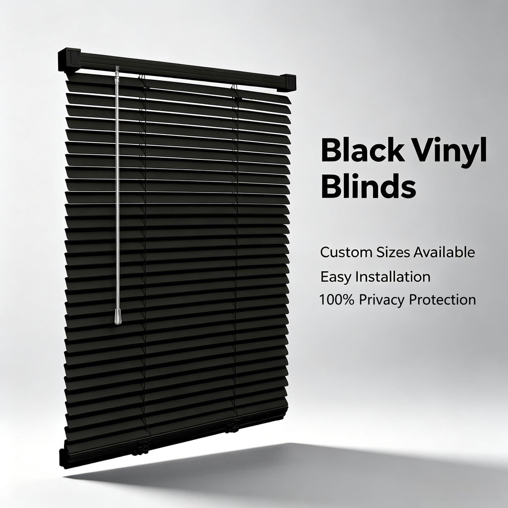 Black Vinyl Mini Blinds, Cordless Design for Home Windows