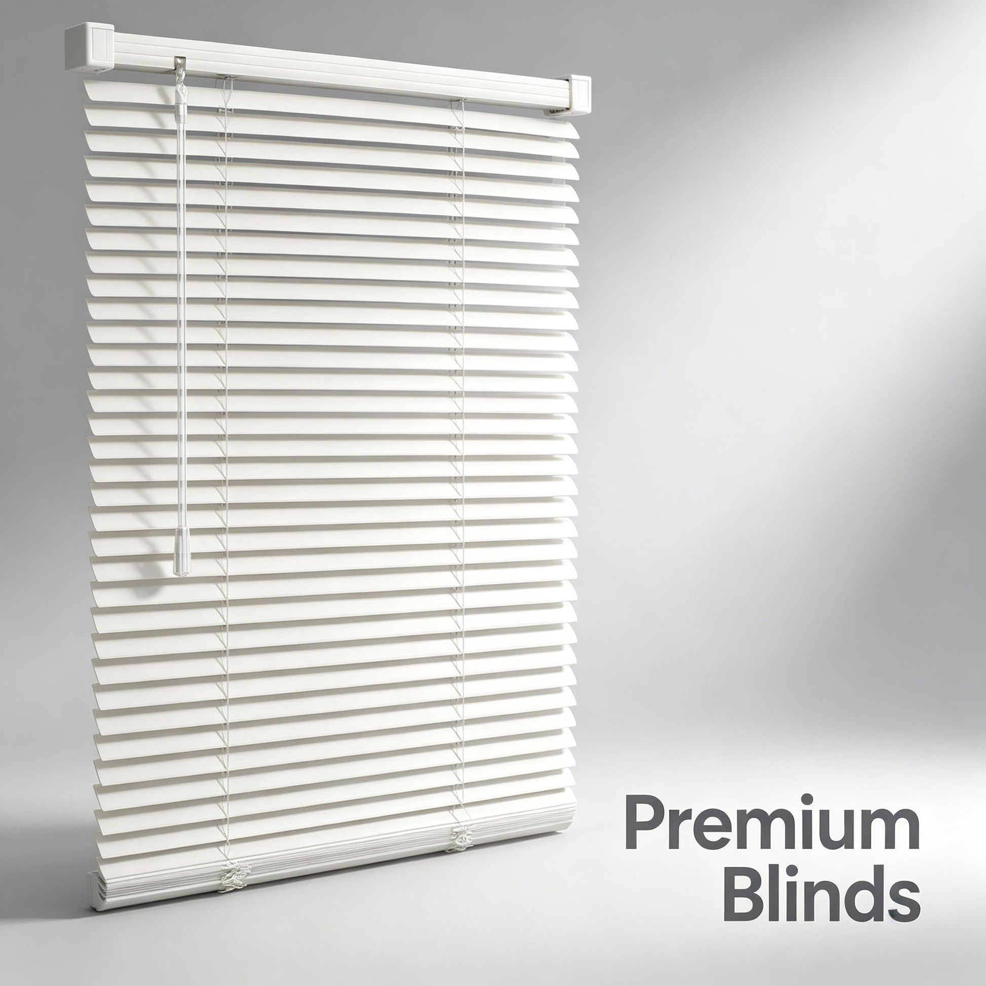 White mini blinds closed on a window with horizontal slats and pull chain