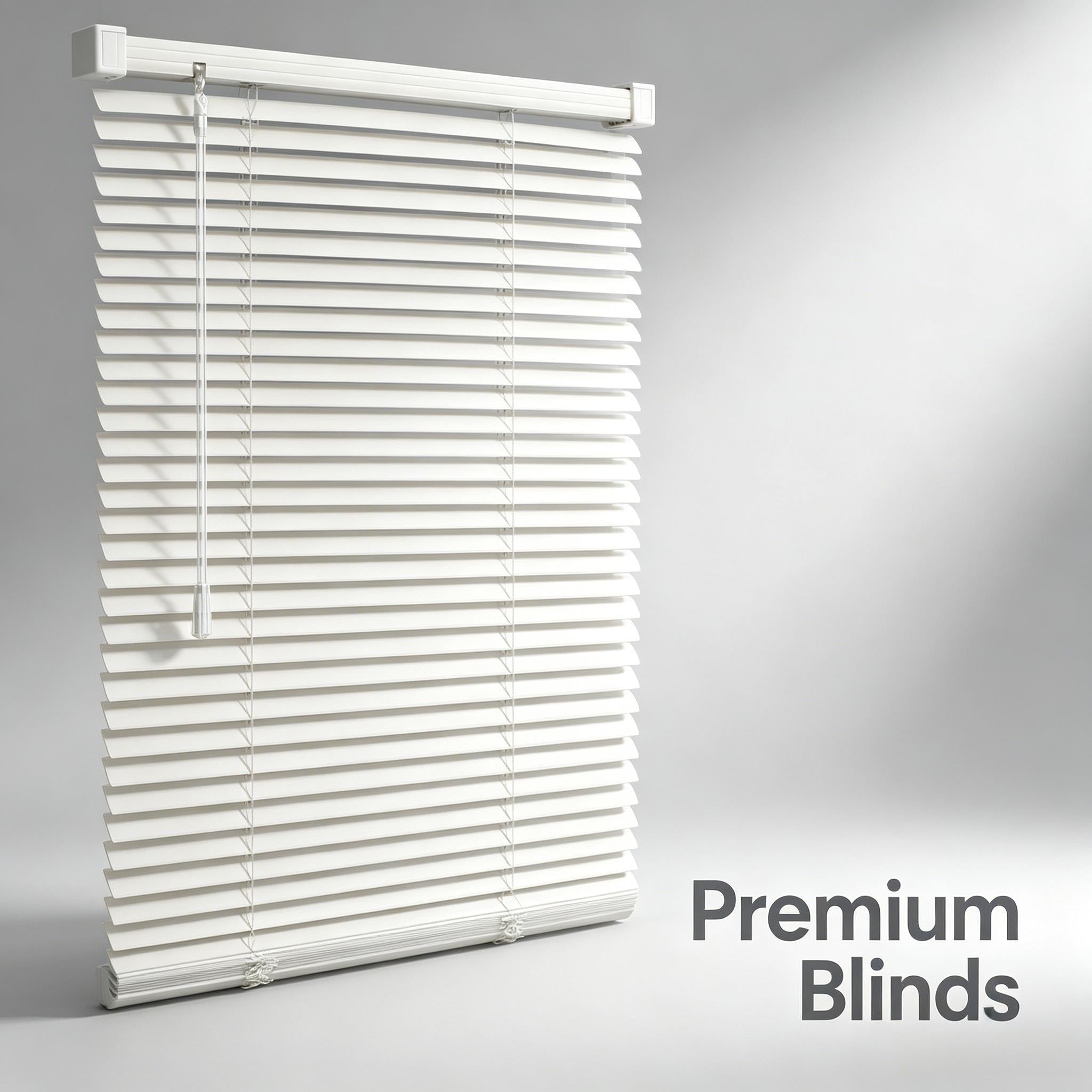 White mini blinds closed on a window with horizontal slats and pull chain