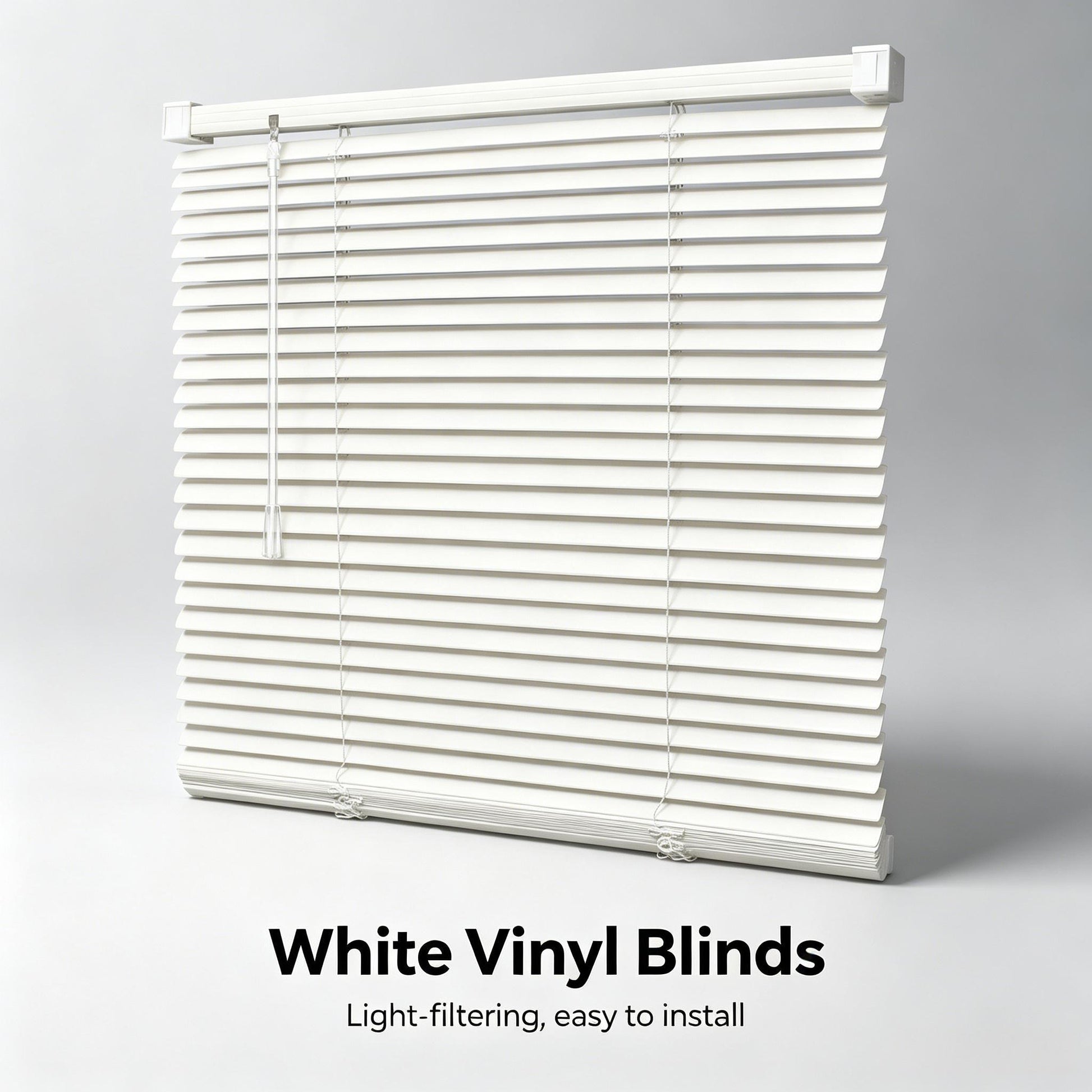 White vinyl mini blinds with top rail, horizontal slats, and pull chain