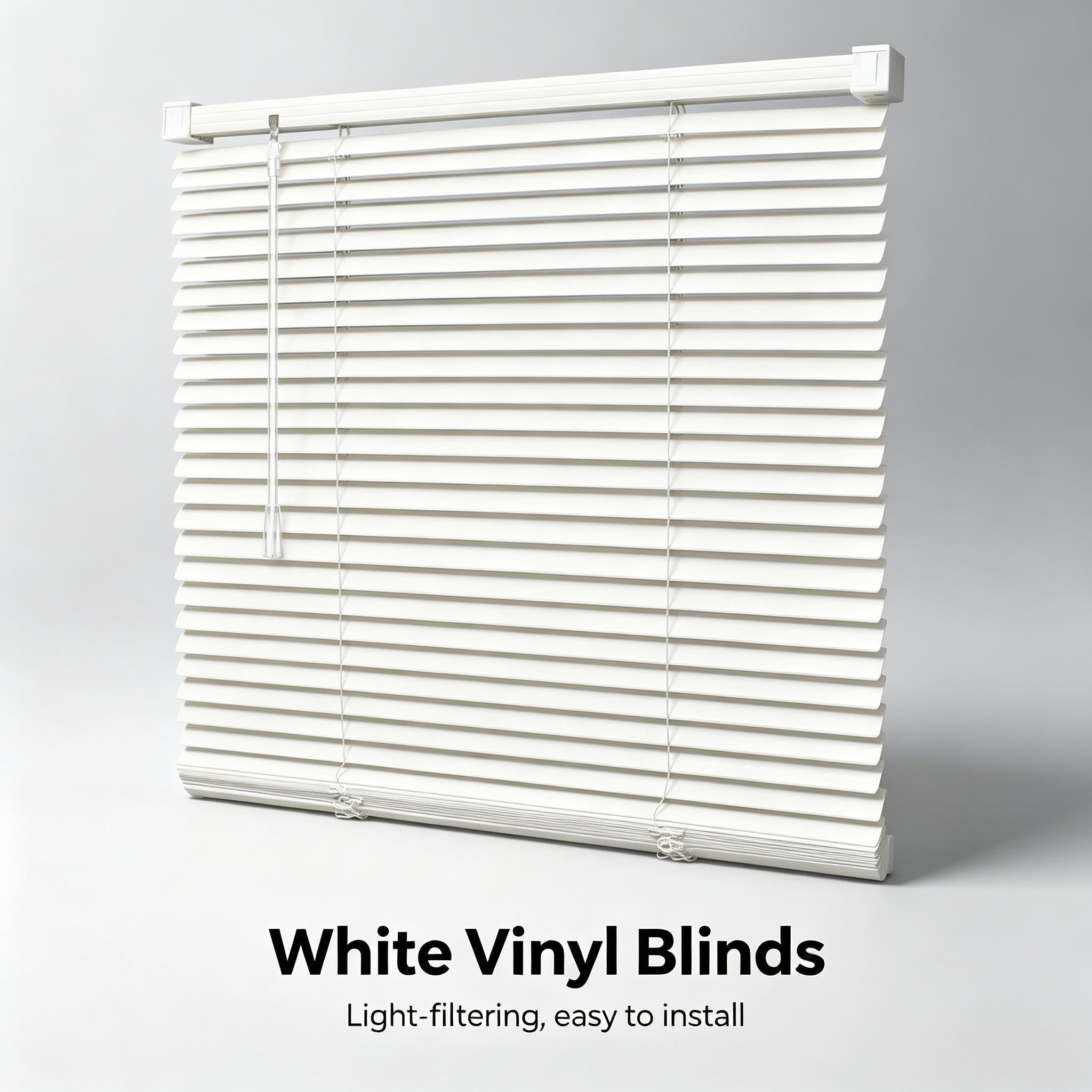 White vinyl mini blinds with top rail, horizontal slats, and pull chain