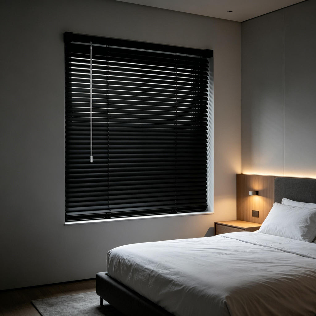 Black Vinyl Mini Blinds, Cordless Design for Home Windows