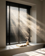 Black Vinyl Mini Blinds, Cordless Design for Home Windows