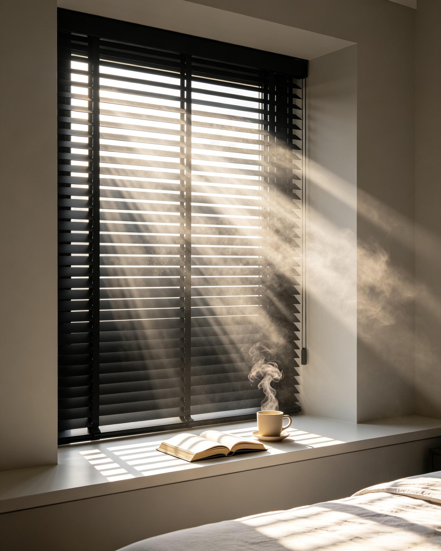Black Vinyl Mini Blinds, Cordless Design for Home Windows