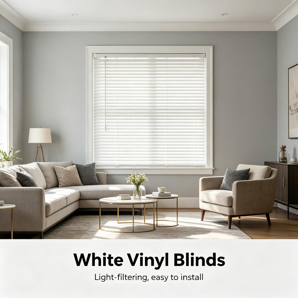 White PVC mini blinds closed on a window, horizontal slats