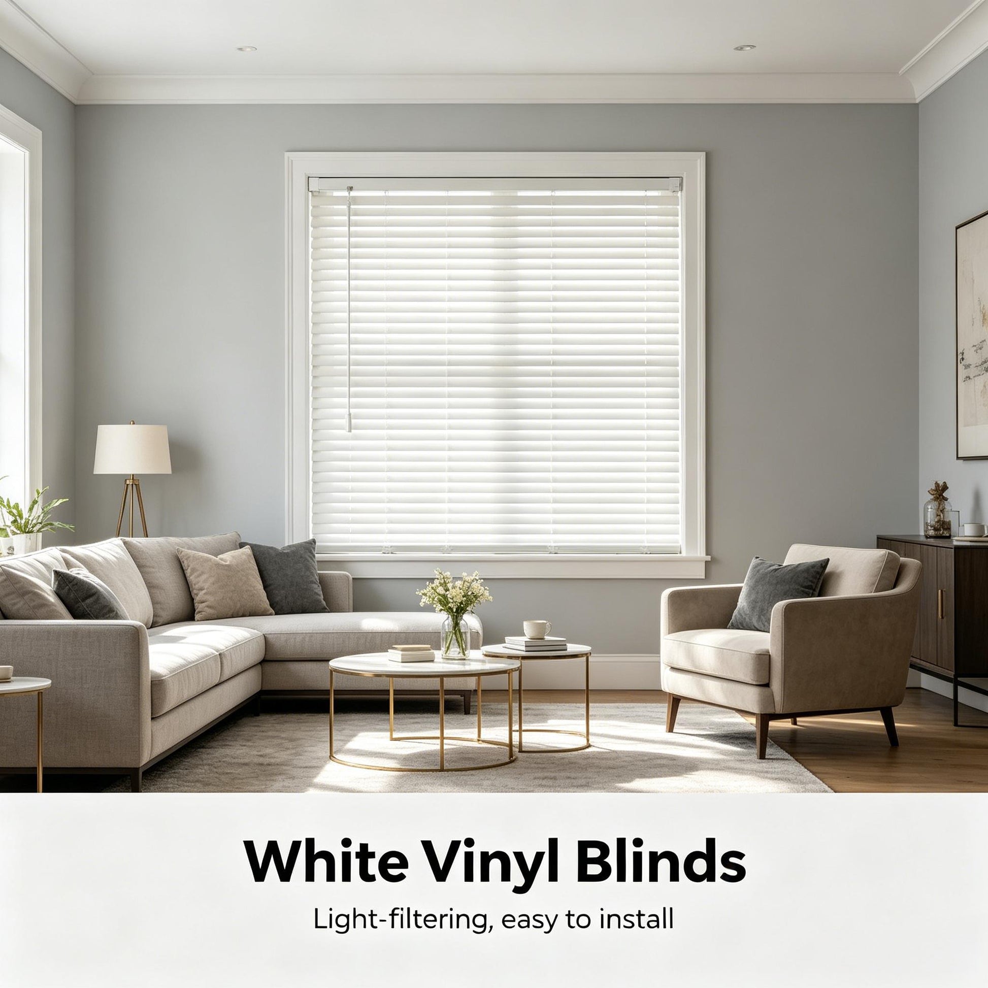White PVC mini blinds closed on a window, horizontal slats