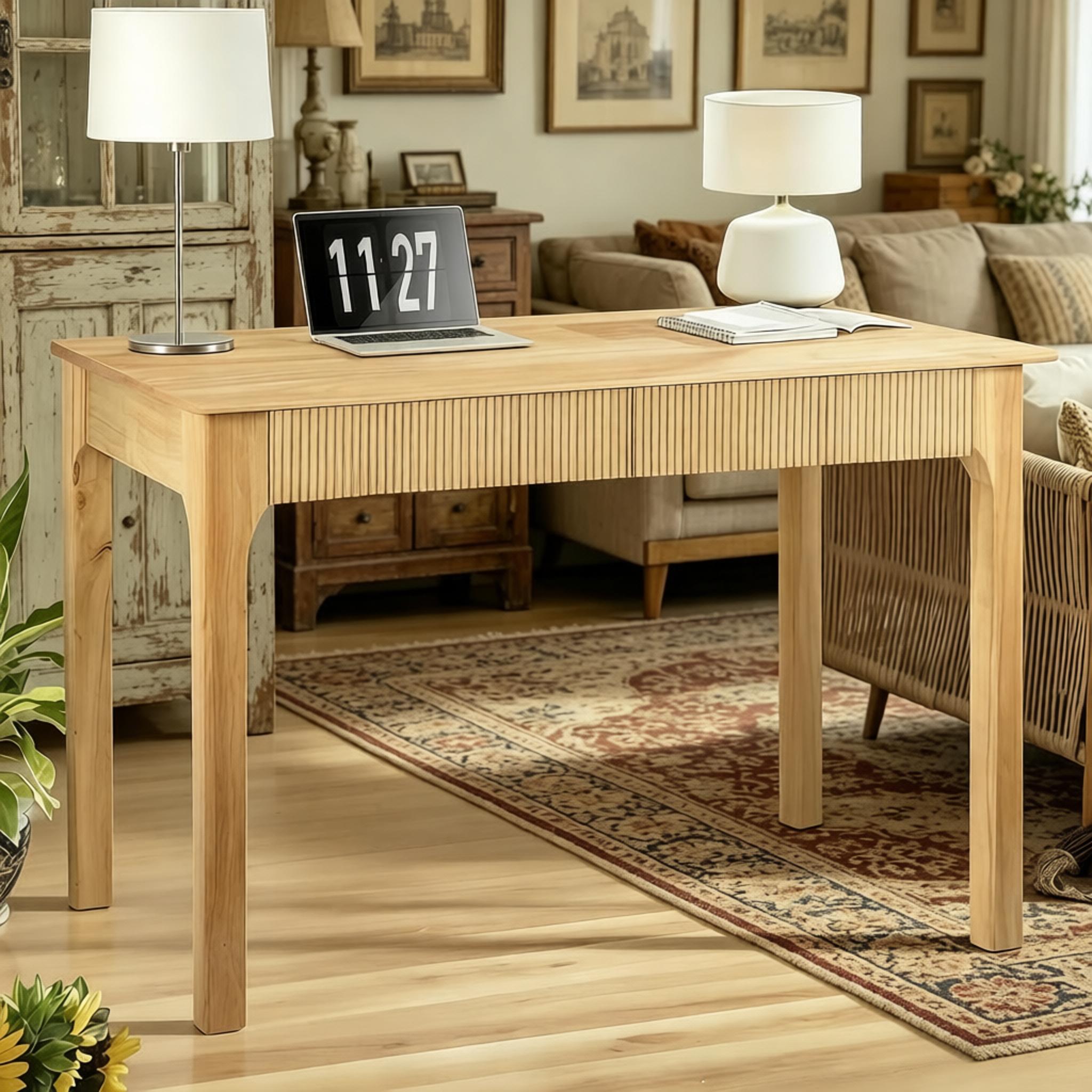 39.4"/47.2" Mid-Century Modern Solid Wood Desk with 2 Drawers - Fluted Design Writing & Computer Table for Home Office, Bedroom & Living Room, Vintage Finish