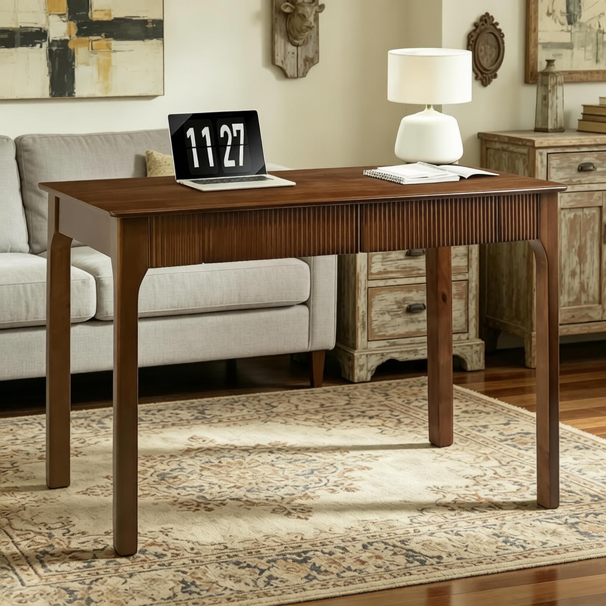 39.4"/47.2" Mid-Century Modern Solid Wood Desk with 2 Drawers - Fluted Design Writing & Computer Table for Home Office, Bedroom & Living Room, Vintage Finish