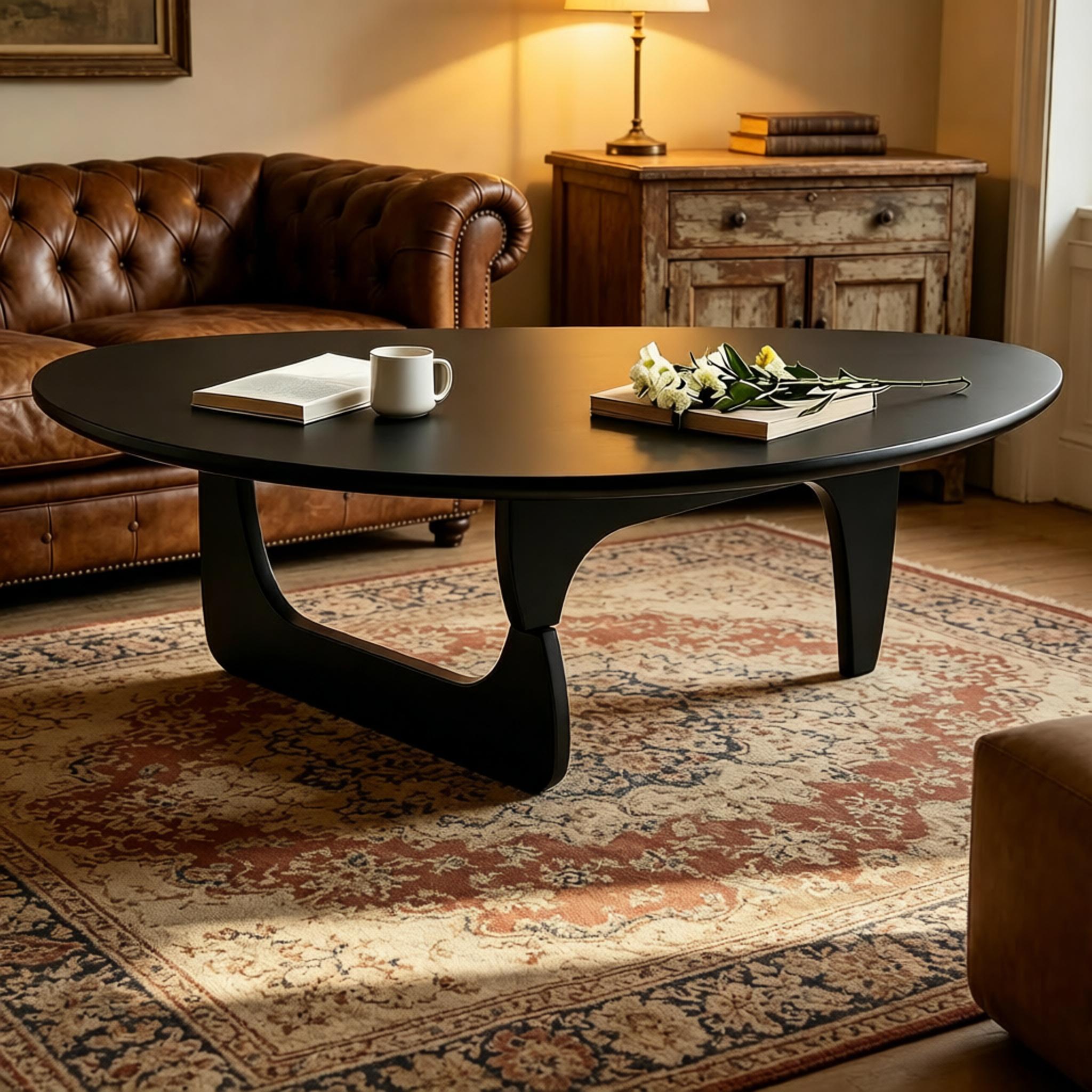 Mid-Century Modern Triangular Solid Wood Coffee Table - Unique Irregular Geometric Oval Table with Reinforced Legs for Living Room