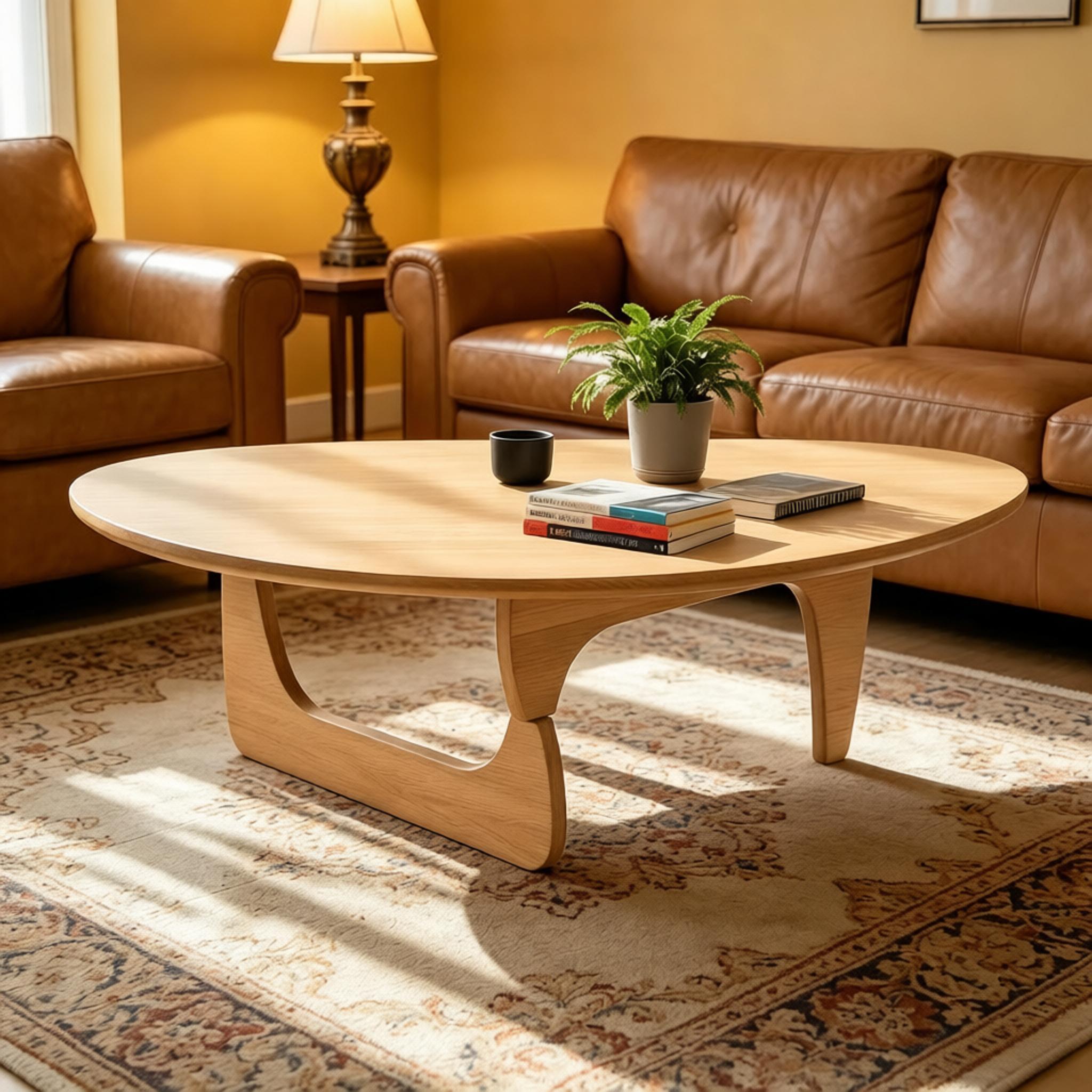Mid-Century Modern Triangular Solid Wood Coffee Table - Unique Irregular Geometric Oval Table with Reinforced Legs for Living Room