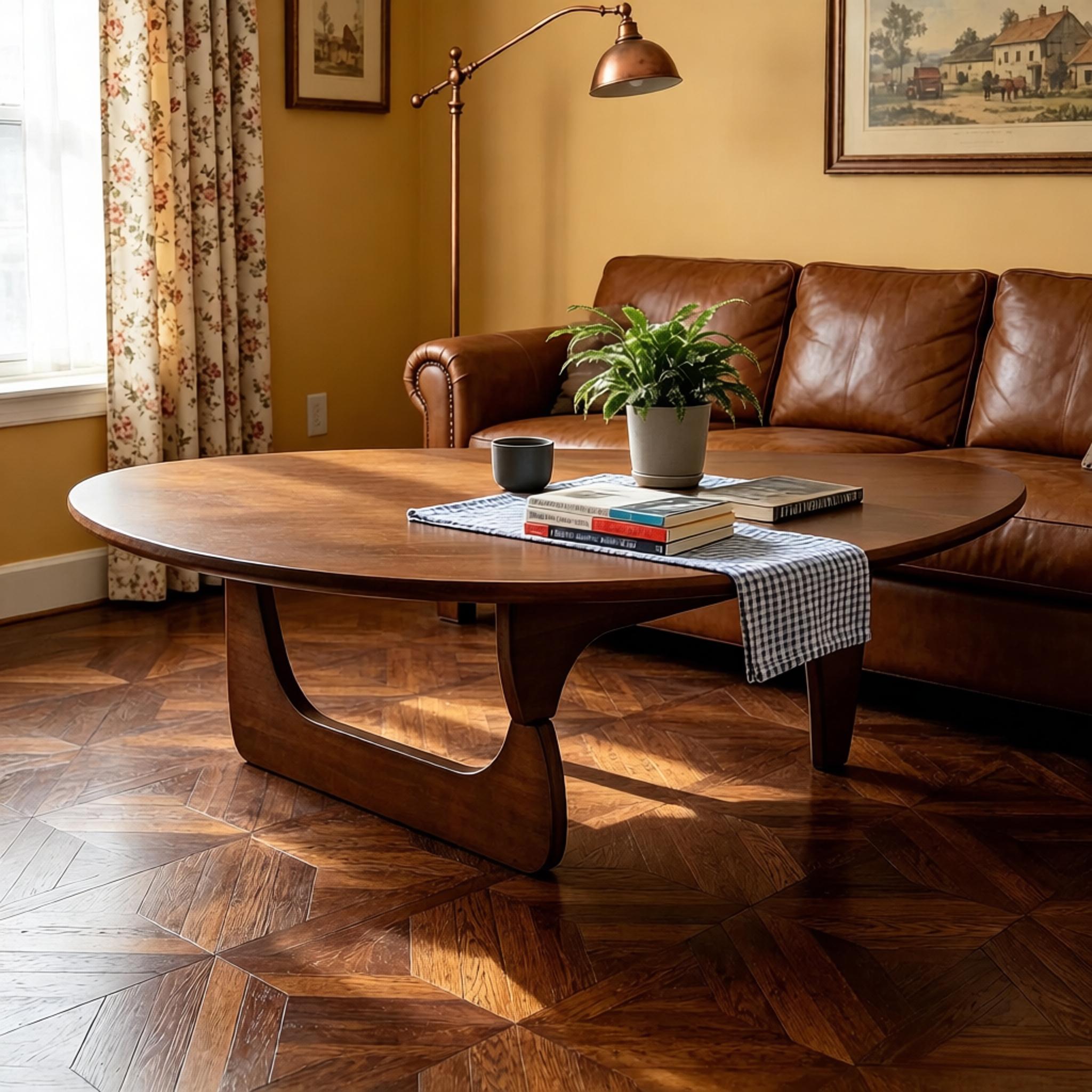 Mid-Century Modern Triangular Solid Wood Coffee Table - Unique Irregular Geometric Oval Table with Reinforced Legs for Living Room