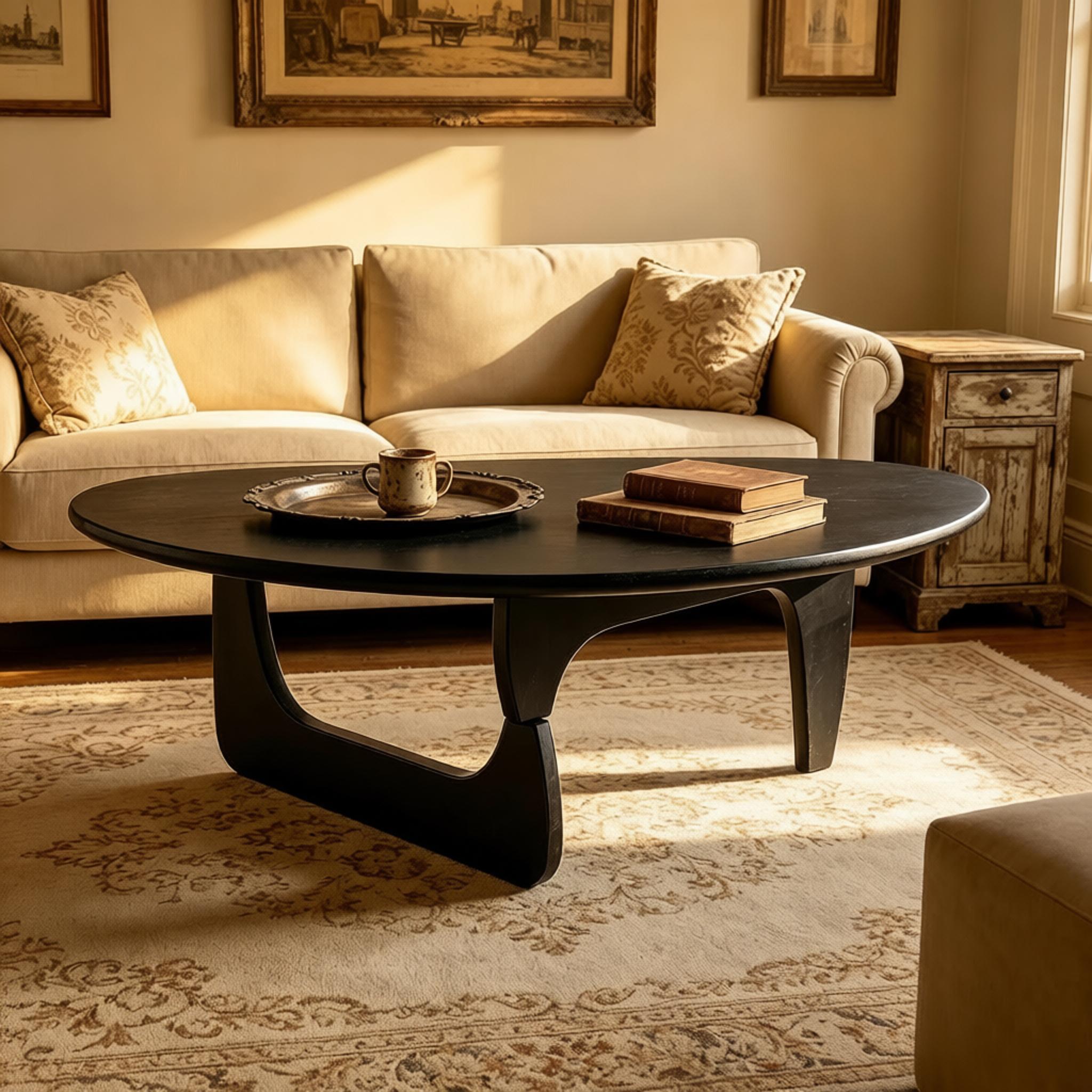 Mid-Century Modern Triangular Solid Wood Coffee Table - Unique Irregular Geometric Oval Table with Reinforced Legs for Living Room