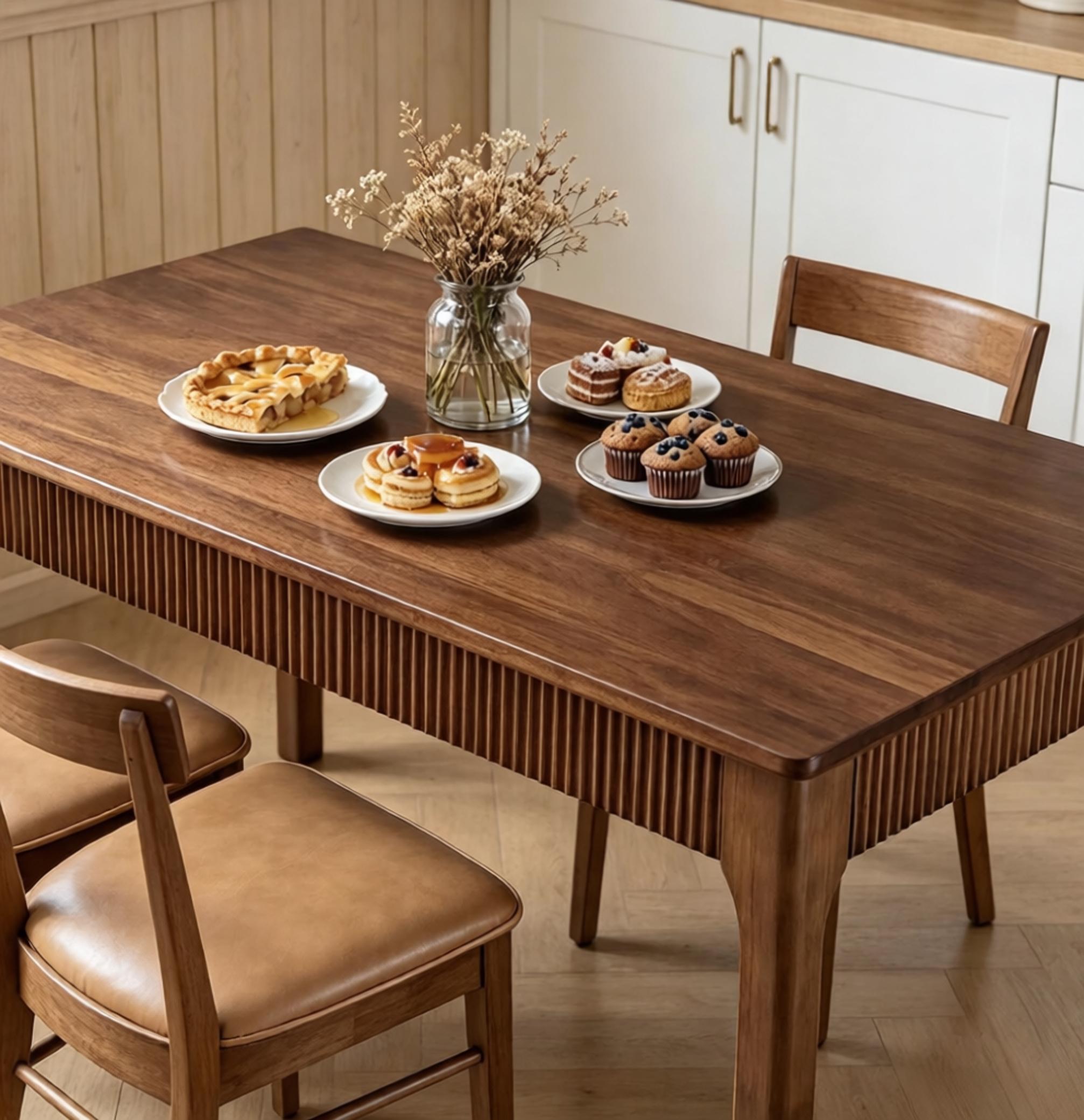 Natural & Walnut Solid Wood Dining Table for 4-6 People, Mid-Century Modern Farmhouse Rectangular Kitchen Table with Fluted Front Panel, Multipurpose Wooden Desk for Apartment, Living Room & Home Office