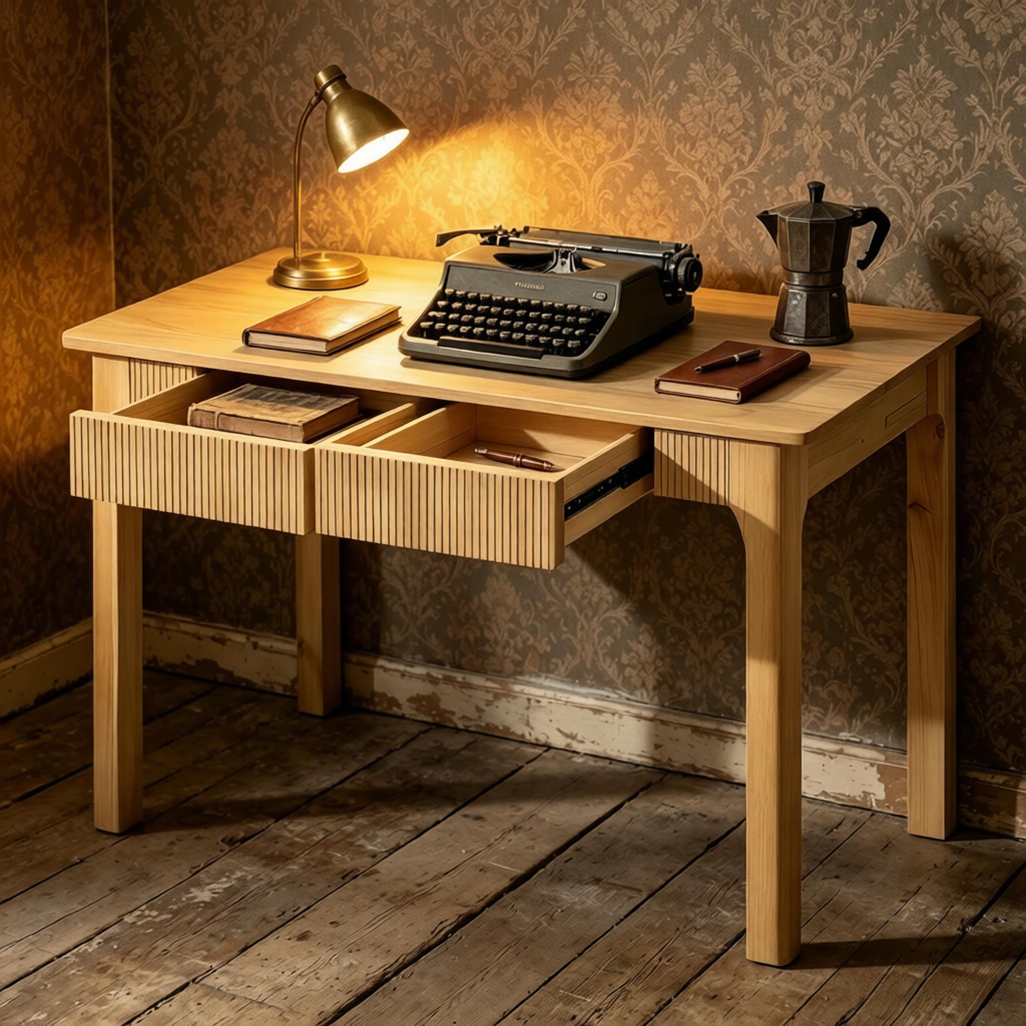 39.4"/47.2" Mid-Century Modern Fluted Solid Wood Writing Desk with 2 Storage Drawers, Oak Wood Computer Table Easy to Assemble for Home Office, Bedroom & Living Room, Natural & Walnut Finish