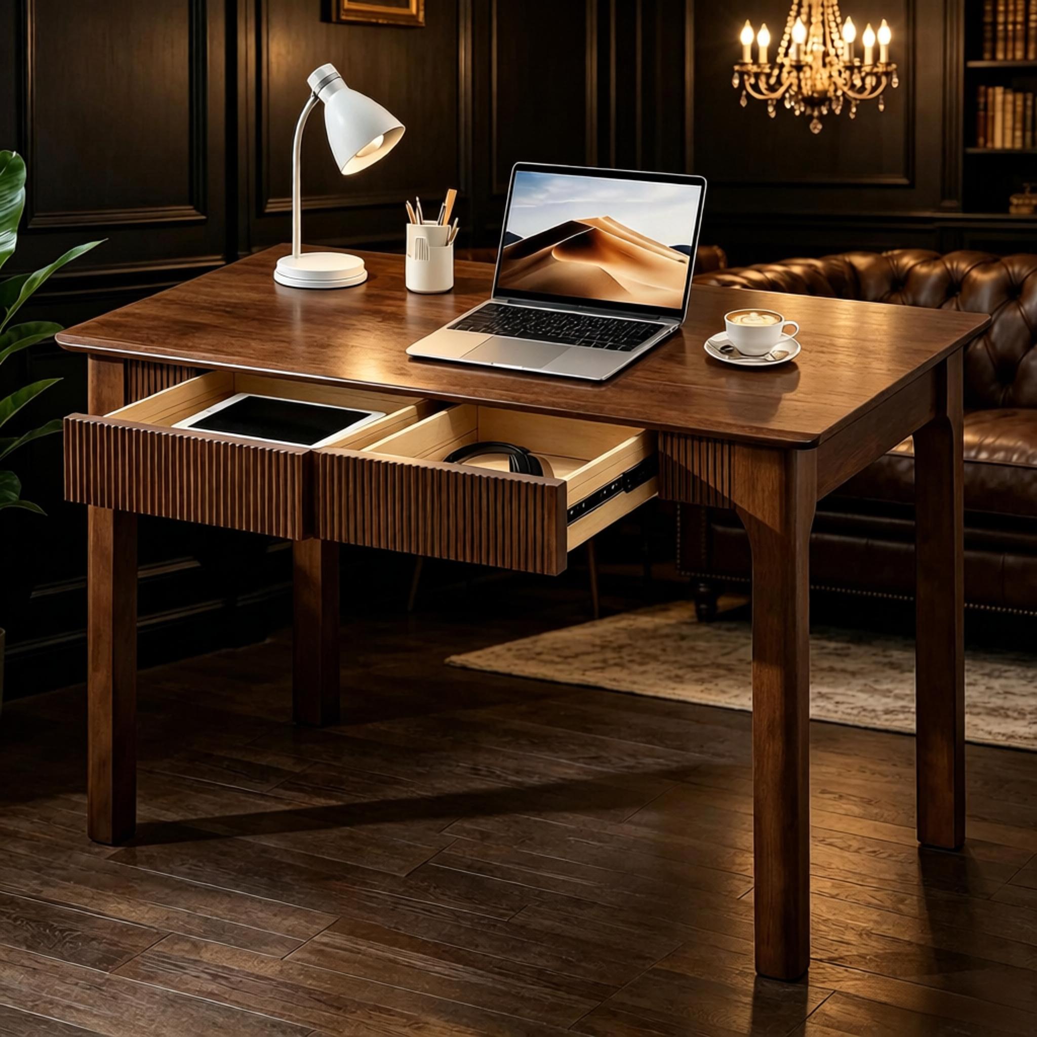 39.4"/47.2" Mid-Century Modern Fluted Solid Wood Writing Desk with 2 Storage Drawers, Oak Wood Computer Table Easy to Assemble for Home Office, Bedroom & Living Room, Natural & Walnut Finish