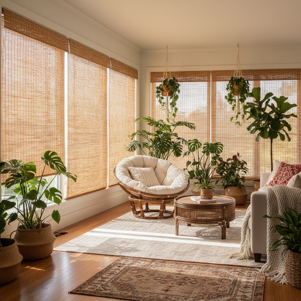 Light tan roll-up bamboo window blinds with woven slats, partially lowered over glass