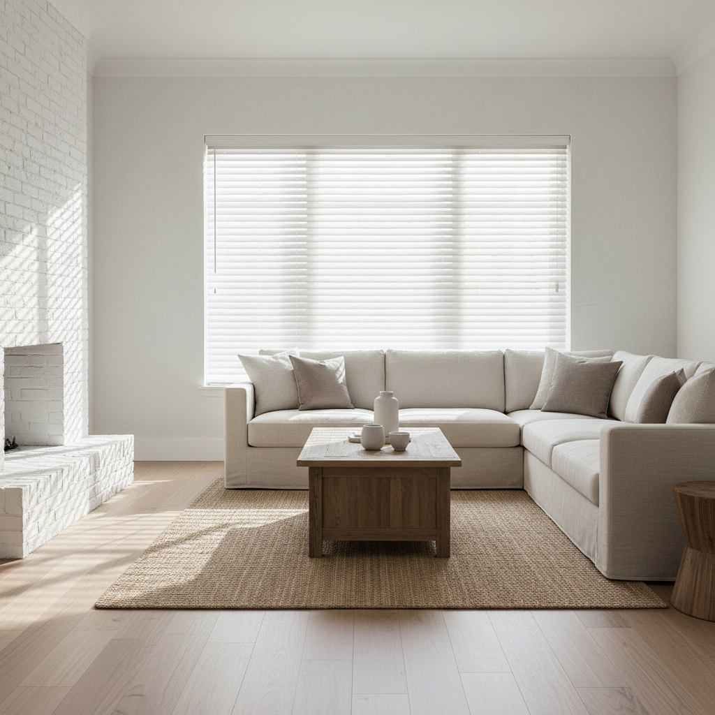 White cordless faux wood blinds installed on a window with horizontal slats