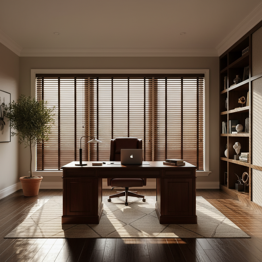 Espresso dark brown cordless faux wood blinds in a luxury American home office