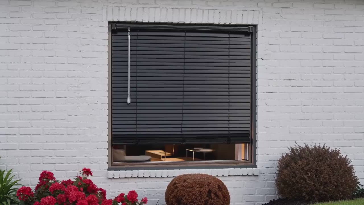 Load video: Black Cordless Vinyl Mini Blinds