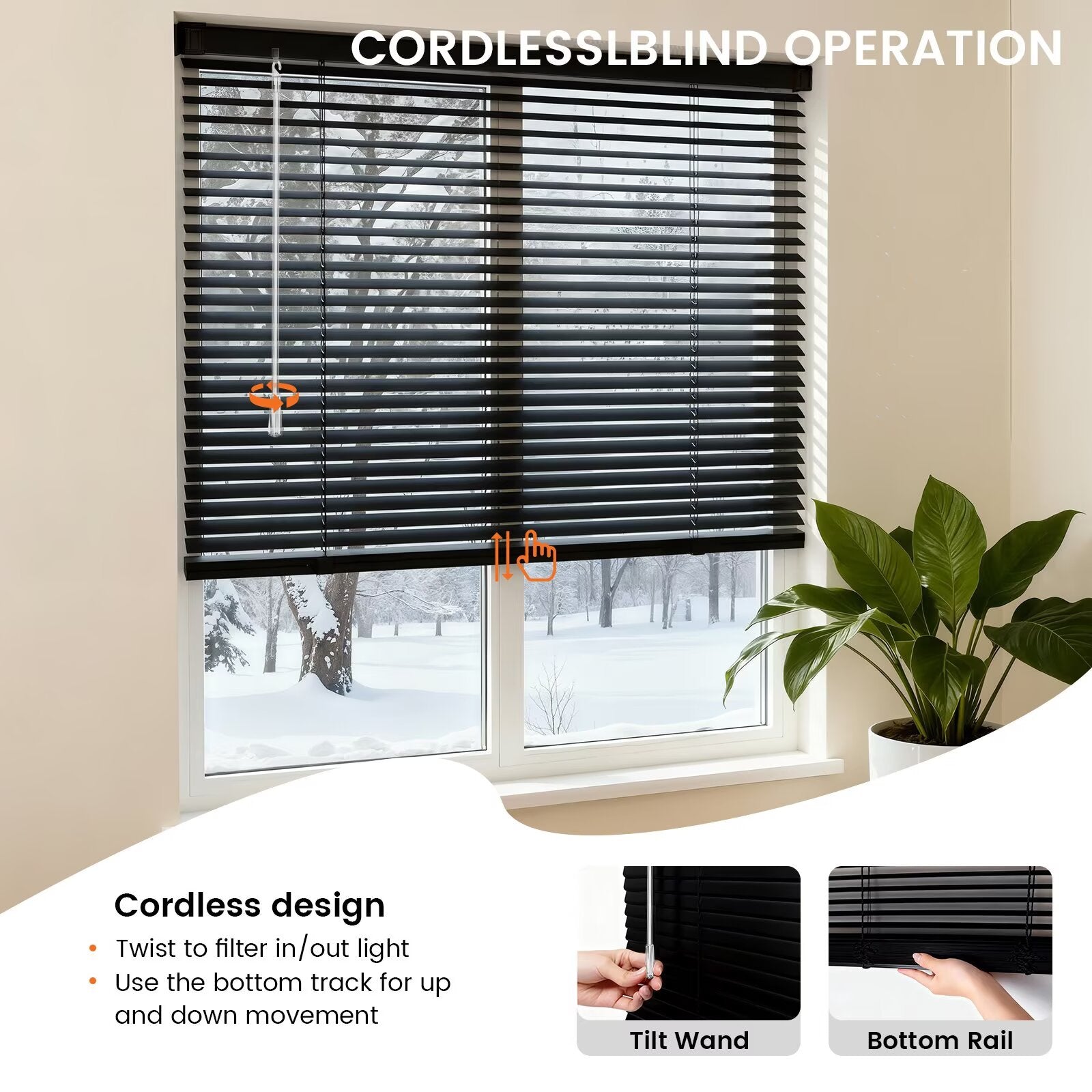 Black Vinyl Mini Blinds, Cordless Design for Home Windows