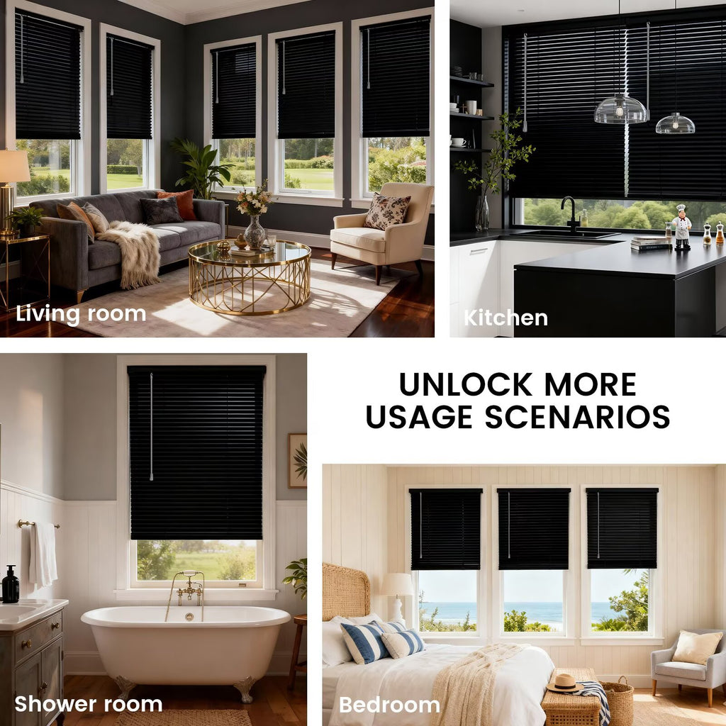 Black Vinyl Mini Blinds, Cordless Design for Home Windows