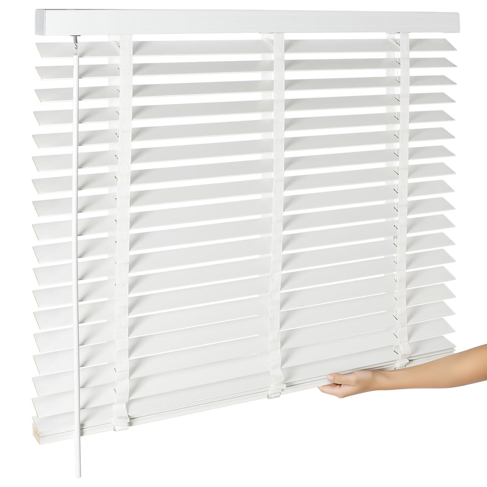White cordless wood blinds on a window frame, with a hand lifting the bottom rail.