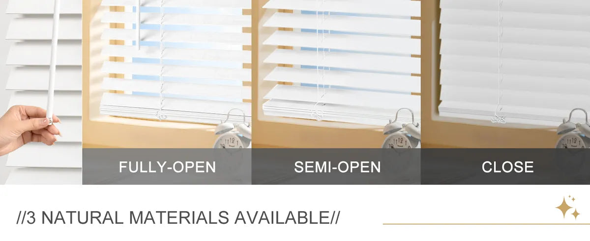 White wood blind slats shown open, partially tilted and closed